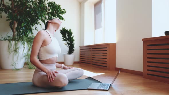 Concentrated young woman enable video on laptop and stretching