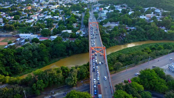 Traffic jam on Hermanos Patiño bridge, Dominican Republic, aerial view