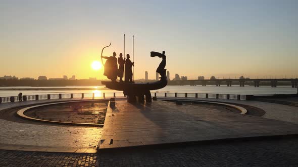 Symbol of Kyiv - a Monument To the Founders of the City in the Morning at Dawn. Ukraine. Aerial