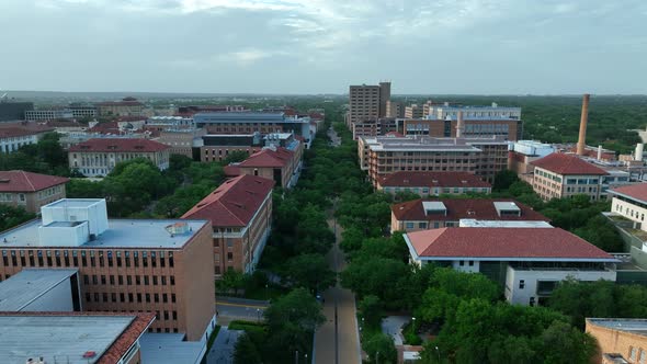 University of Texas in Austin. Rising aerial of sprawling campus. UT Austin in TX. College student h