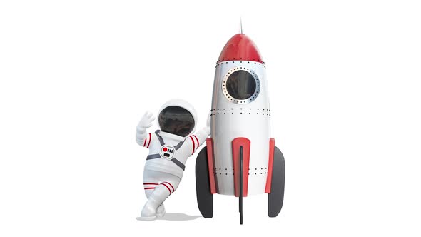 Cosmonaut Talking Next To A Rocket on White Background