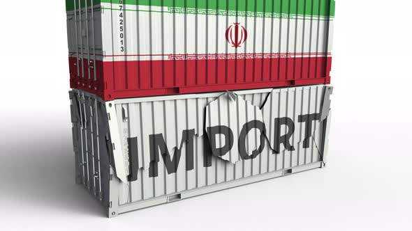 Container with IMPORT Text Crashed with Container with Flag of Iran alt