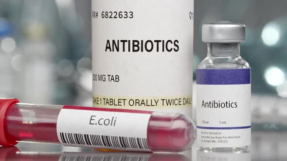 Antibiotics vial and bottle with E.coli antibodies