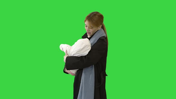 Young Mother Her Baby Child Outdoors Winter Green Screen Chroma Key