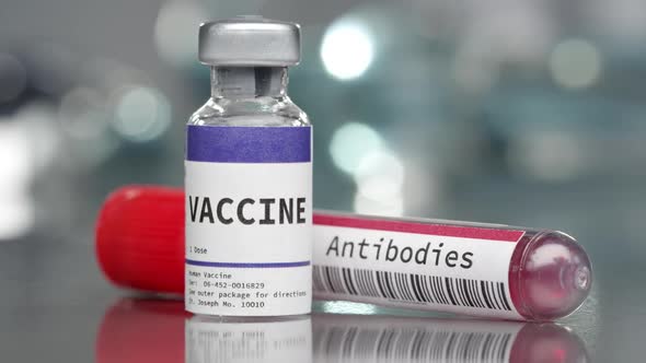 Vaccine and antibodies vial in medical lab