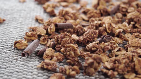 Dry natural granola with chocolate chips and wheat germ. Brown natural oat muesli