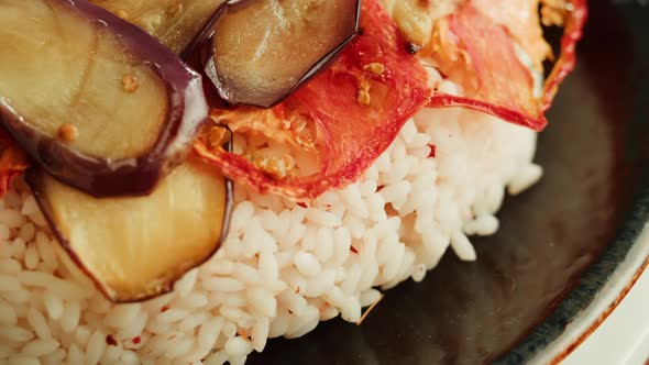 Maqluba Dish Top View Rice and Vegetables Arabian National Traditional Food