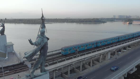 Aerial View of the Metro Bridge. Station Dnipro. Kyiv, Ukraine.