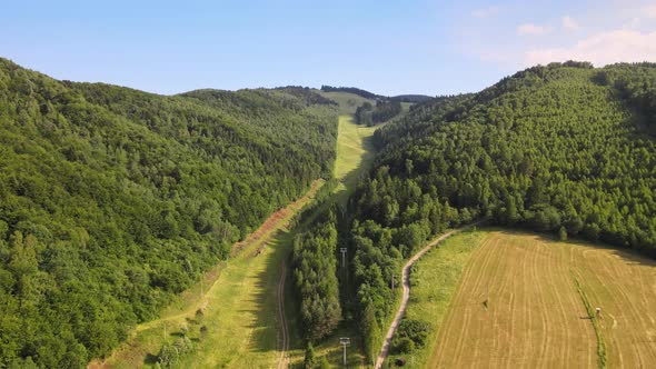 Aerial view of the ski resort Plejsy in the town of Krompachy in Slovakia