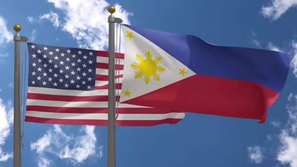 Usa Flag Vs Philippines Flag On Flagpole