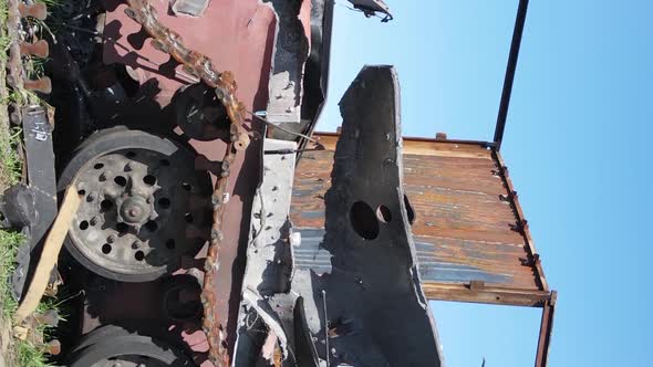 Vertical Video of a Destroyed Military Hardware in Bucha Ukraine