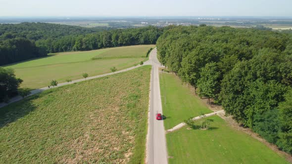 A drone tracking the car on the road in the forest area.