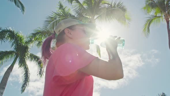 Thirsty Smiling 30s Woman in Beach Park Starting New Day Healthy Life Habit