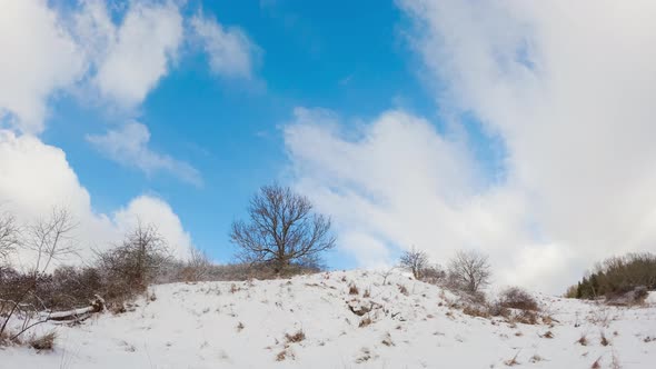 Winter timelapse, moving clouds in snowy landscape