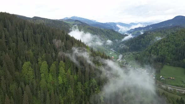 Ukraine, Carpathians: Fog in the Mountains. Aerial.