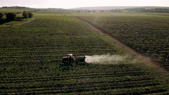 Spraying chemical insecticide or fertilizers, agricultural spring works.