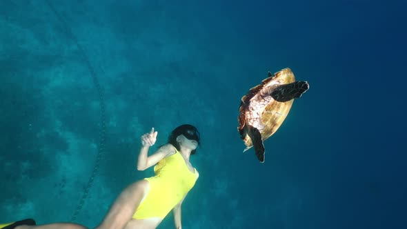 Woman Swimming Underwater with Turtle in Pristine Blue Ocean Water, Amazing Snorkeling Adventure