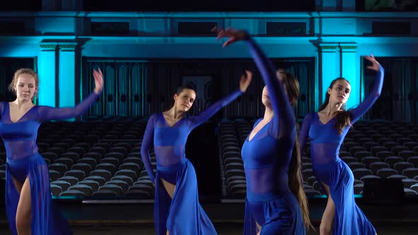 Group Young Skillful Ballerinas Dancing Modern Ballet on the Stage of Large Hall. Girls Looking at