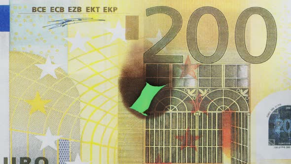 Burning of 200 Euro Banknote on Chroma Key Bacground Closeup