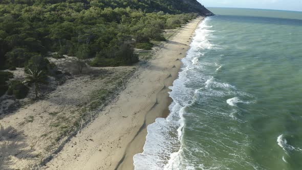 Aerial, Beautiful Panoramic View On A Large Wangetti Sand Beach In Cairns In Queensland, Australia