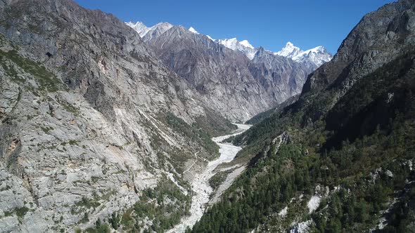 Gangotri valley in the state of Uttarakhand in India seen from the sky alt