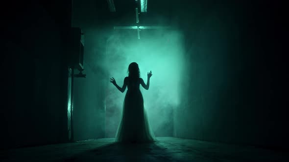 Dead Walking Zombie Woman in Dark Corridor and Mist Closeup
