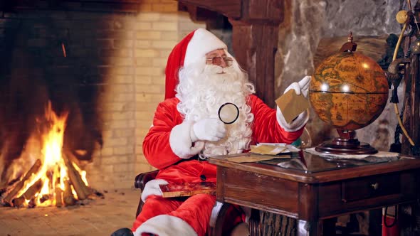 Santa Claus is sitting in specially decorated room at the table