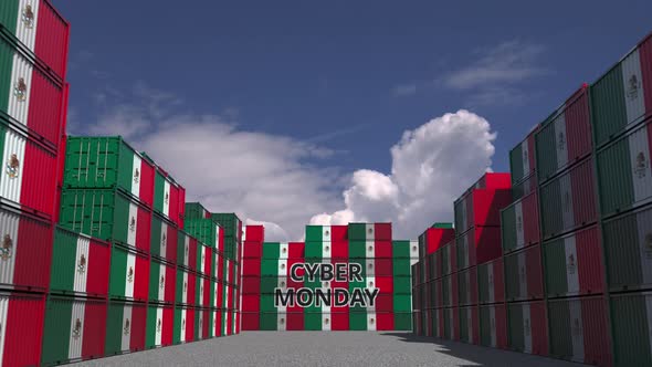 Containers with CYBER MONDAY Text and Flags of Mexico alt