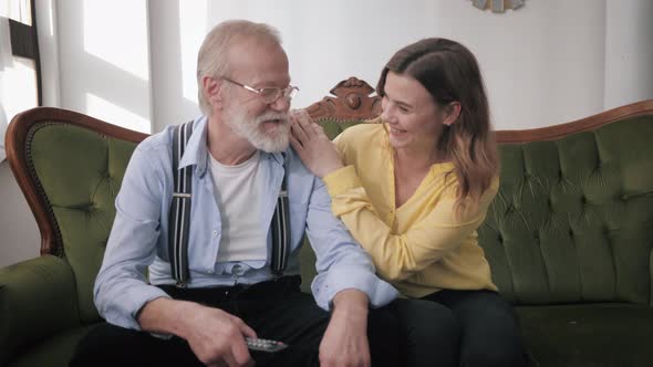 Old Parents, Happy Young Daughter and Loving Elderly Grandfather Have Fun Cute Chatting and Laughing