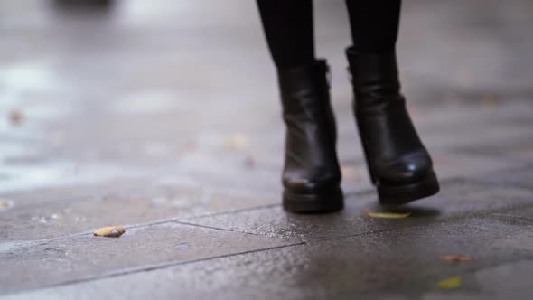 Young Woman's Legs in Black Boots Walking in Autumn Day. Sidewalk Covered with Fallen Colorful