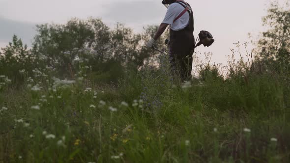 View From Down of Male Gardener in Process of Cutting Grass