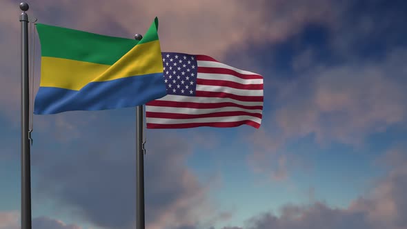 Gabon Flag Waving Along With The National Flag Of The USA - 4K