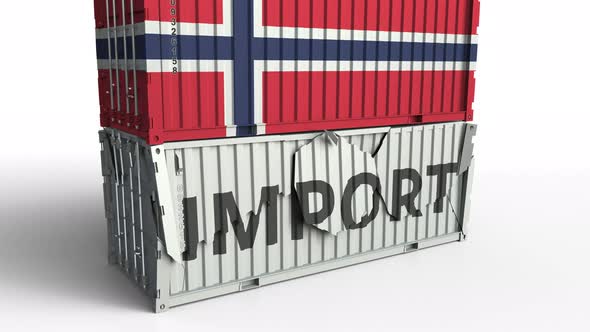 Container with Flag of Norway Breaks Container with IMPORT Text