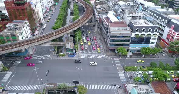 Aerial view of the traffic near Chong Nonsi Station in Bangkok, Thailand.