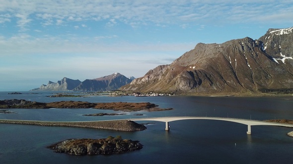 Norwegian landscape, view of the bridge over the fjord