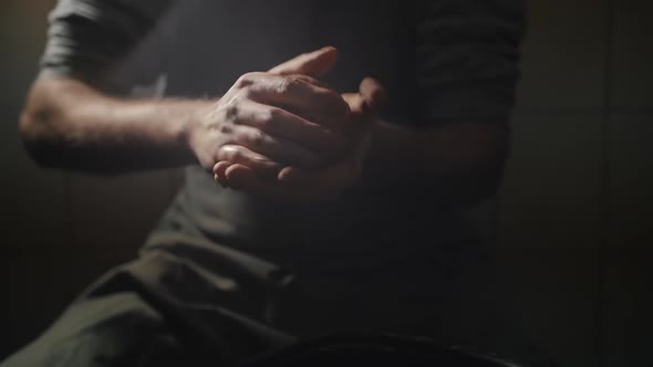 Artisan Male Hands Crumple Clay in Slow Motion