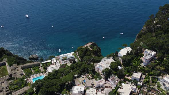 Houses, Buildings, and Villas near Cliffs of Capri Coastline, Italy, Aerial