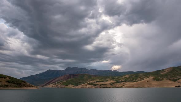 Time lapse of dark clouds moving over lake