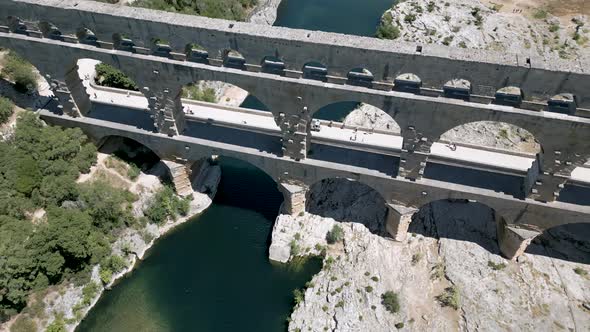 Drone shot of The Pont du Gard, an ancient Roman aqueduct bridge in France