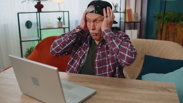 Amazed Senior Grandfather Use Laptop Computer Receive Good News Message Shocked By Sudden Win Wow