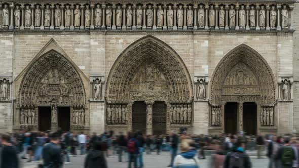 Main Entrance to Notre-Dame De Paris With Crowd of Tourists in Front, Time-Lapse