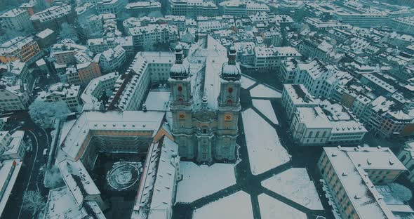 St. Gallen, Switzerland. Dramatic view of the historical centre during snowfall.