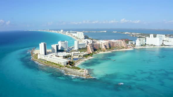 Aerial View of Cancun Mexico Showing Luxury Resorts and Blue Turquoise Beach