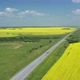 Aerial Flying Over Asphalted Intercity Speed Highway Passing Through Green and Yellow Rural Fields - VideoHive Item for Sale