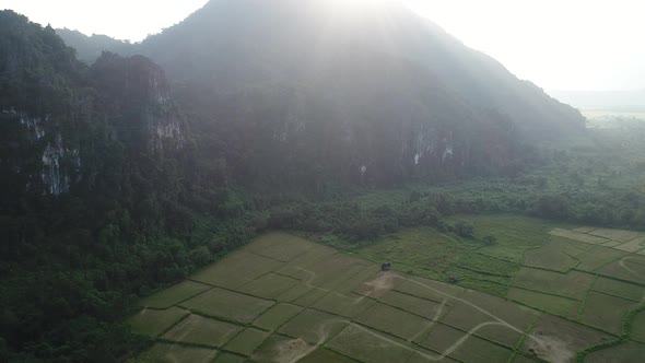 Natural landscapes around the city of Vang Vieng in Laos seen from the sky