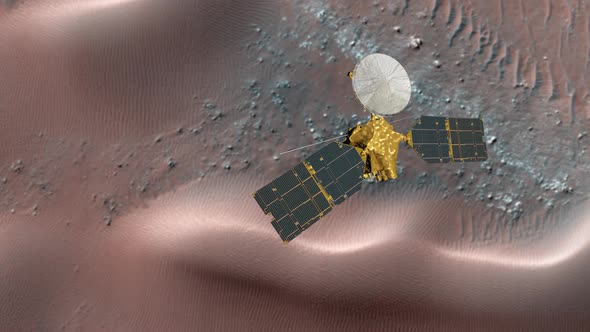 Mars Reconnaissance Orbiter, MRO Orbiting Mars. Mars Planet Rotating in the Outer space.Traveling To alt