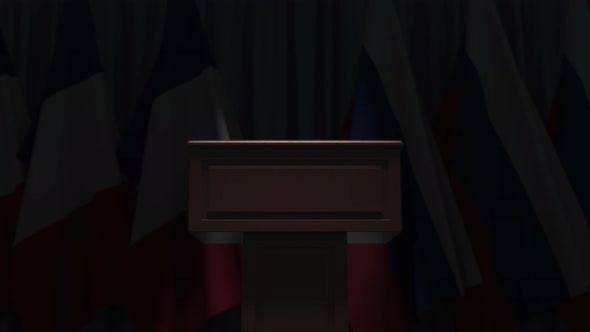 Flags of Russia and France and Tribune alt