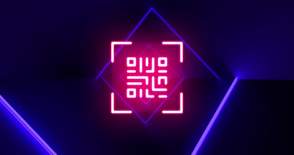 Flickering pink QR code with blue neon lines. alt