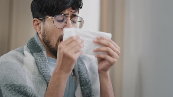 Closeup Sad Exhausted Arabic Bearded Man Suffering From Seasonal Allergy Dust Virus Respiratory