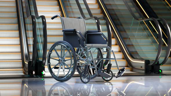 Footage of empty wheelchair next to the escalator. Barriers in public spaces.